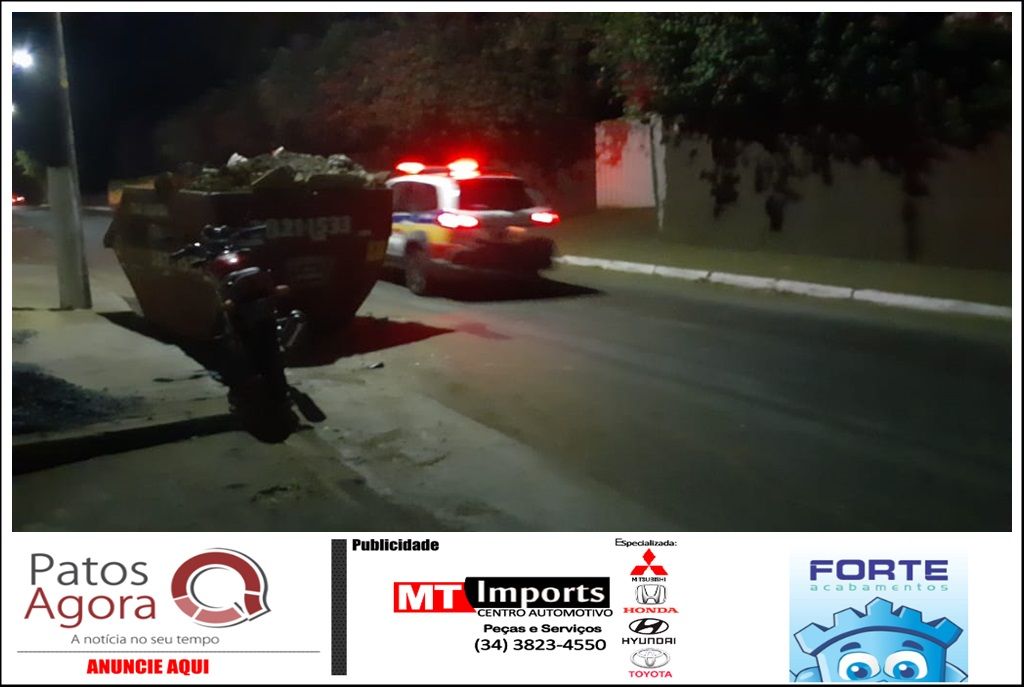 Motociclista fica ferido após colidir em caçamba de entulhos no Bairro Alto dos Caiçaras | Patos Agora - A notícia no seu tempo - https://patosagora.net