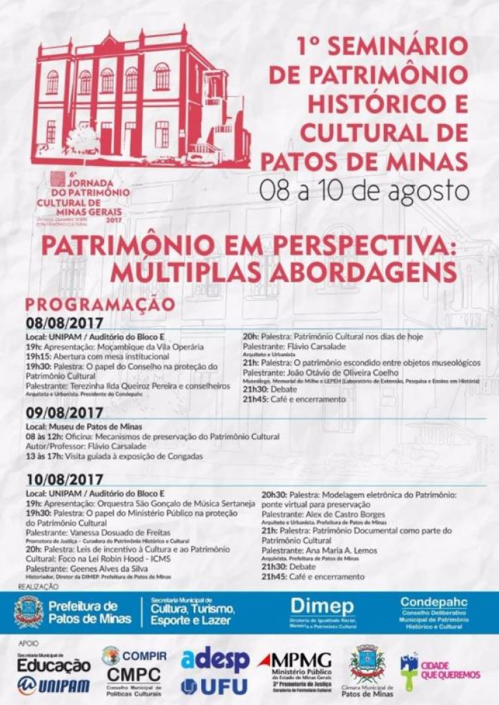 Patos de Minas irá sediar o 1° Seminário de Patrimônio Histórico e Cultural 