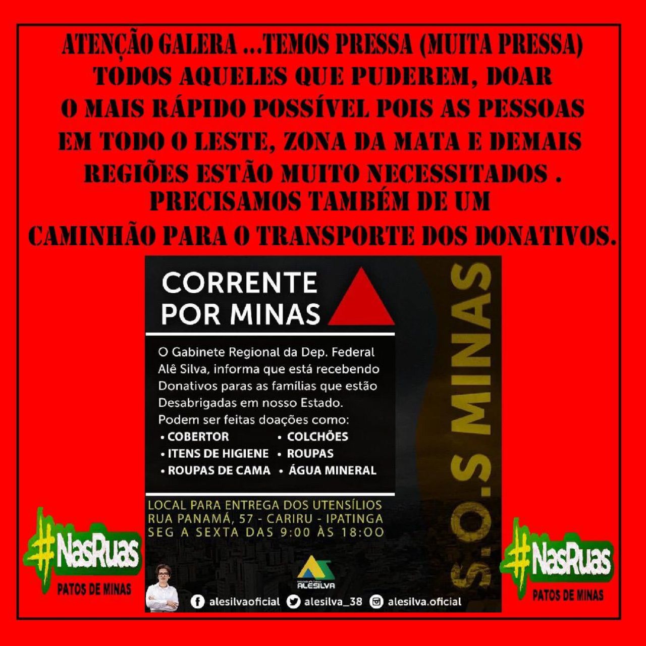Grupo está recolhendo doações para as vítimas das chuvas em Minas Gerais