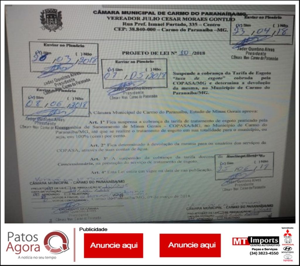 Prefeitura Municipal de Carmo do Paranaíba suspende a cobrança de taxa de esgoto da COPASA