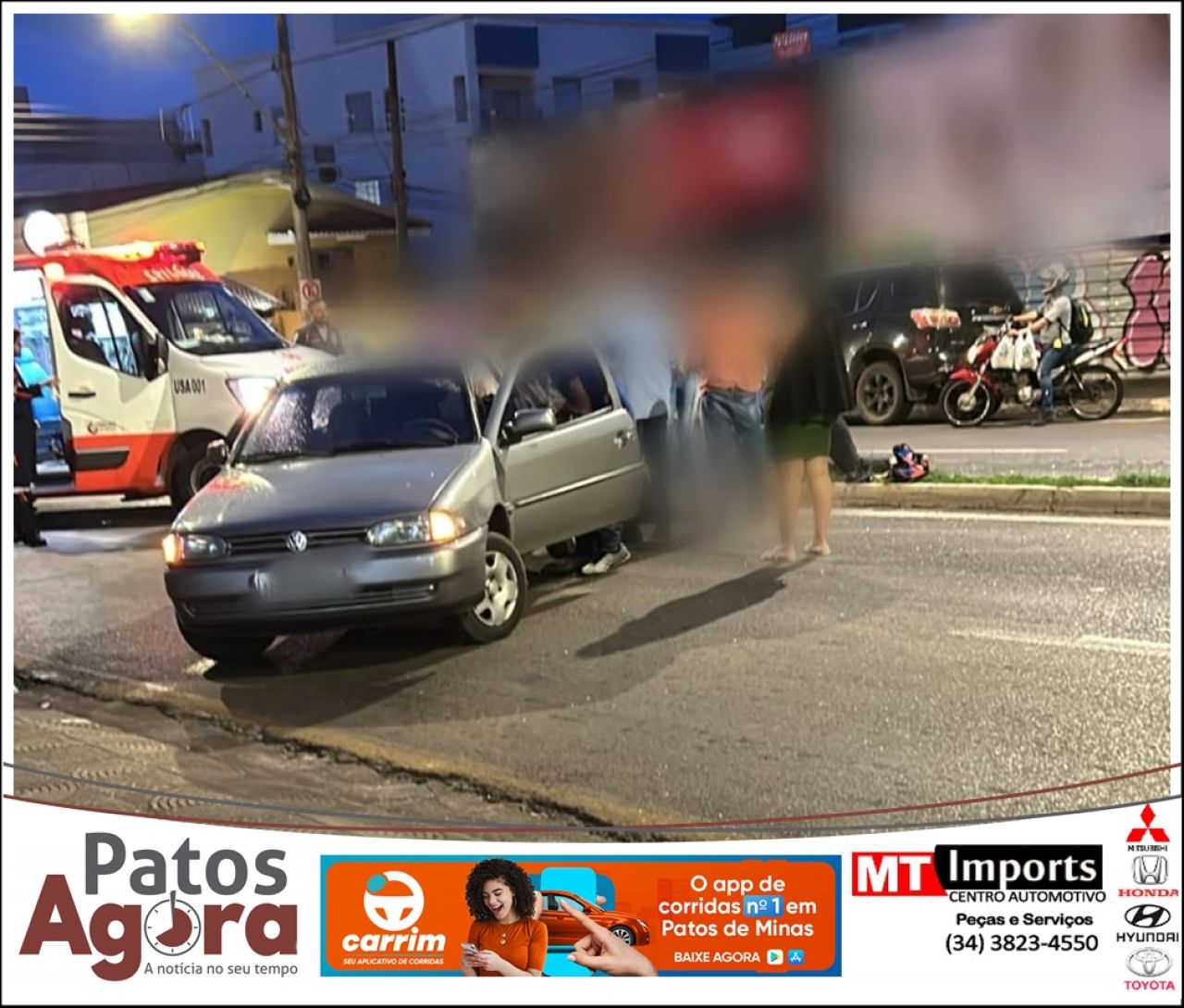 Motociclista sofre ferimentos graves em colisão com carro no Bairro Caiçaras, em Patos de Minas