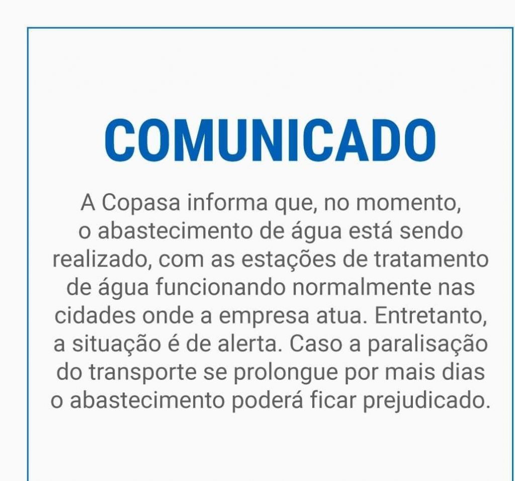 Abastecimento de água em Patos de Minas não foi afetado pela paralisação dos caminhoneiros, informa COPASA