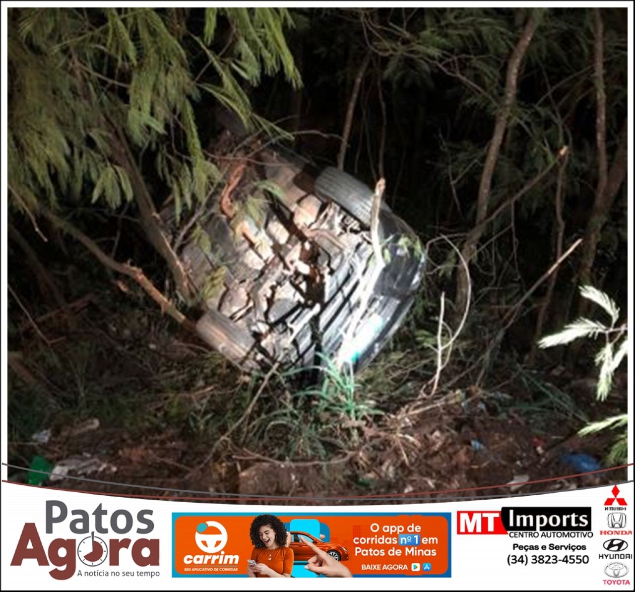 Carro sai da pista e cai de barranco na Avenida JK, em Patos de Minas