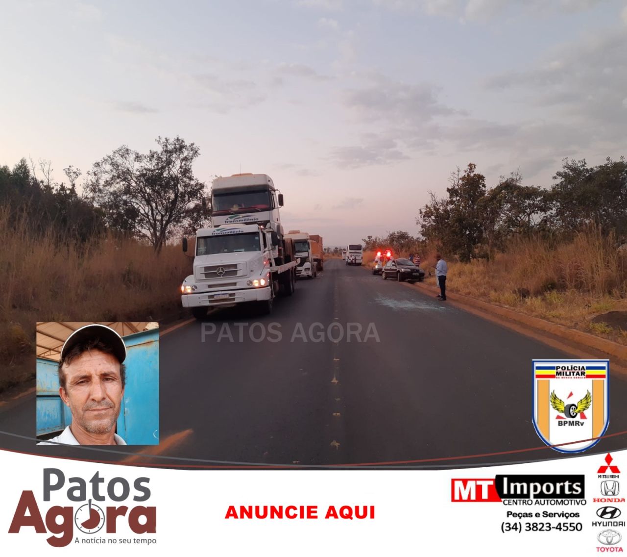 Motorista de Patos de Minas morre após ser atropelado na MG-190 em Monte Carmelo