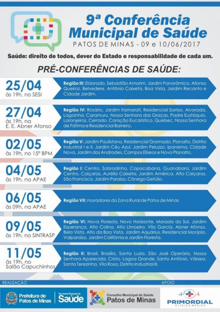 Começam, amanhã, as Pré-conferências de Saúde em Patos de Minas 
