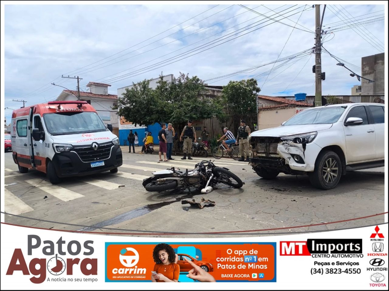 Condutor de Hilux avança parada obrigatória e atinge motocicleta em Patos de Minas