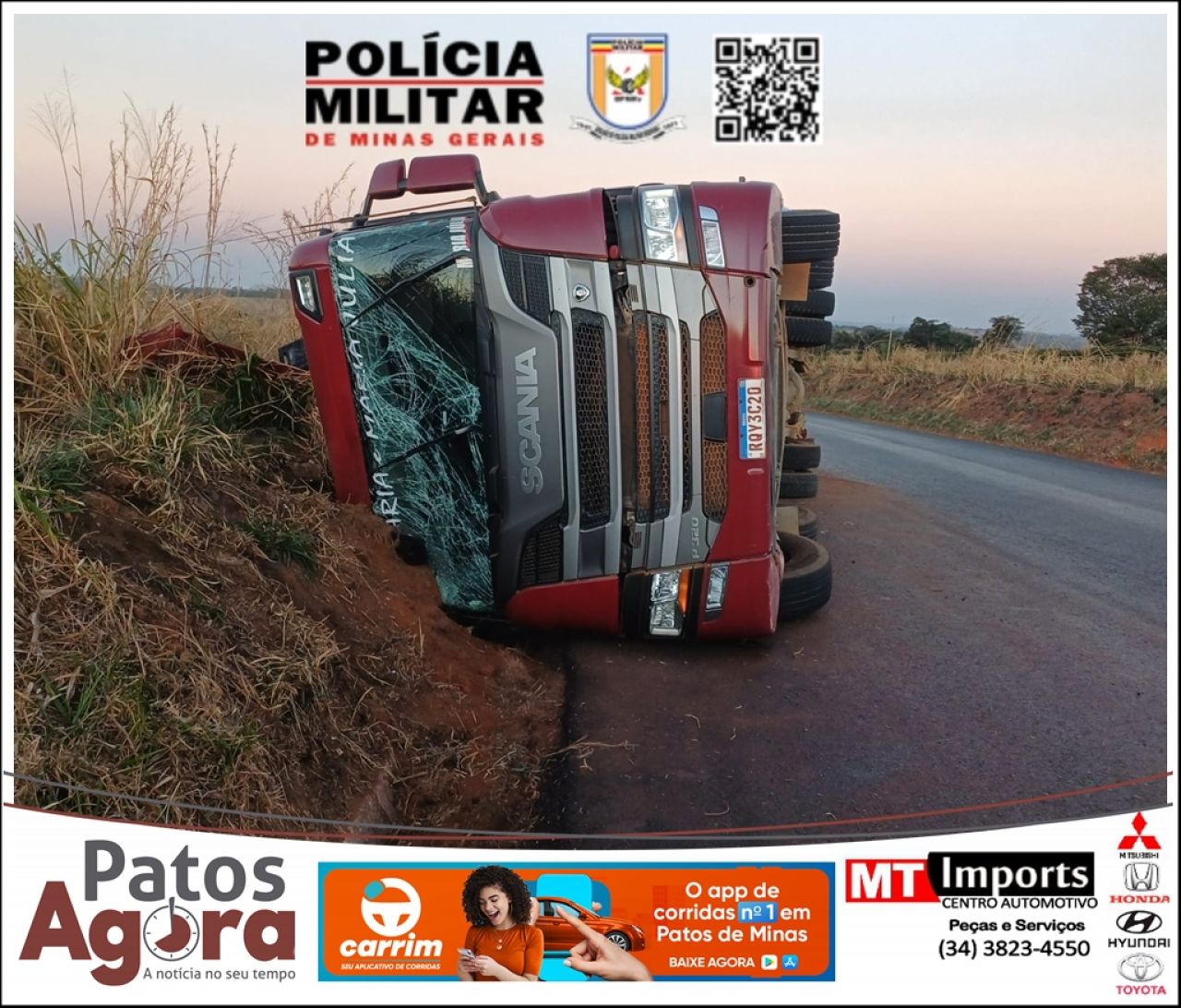 Motorista se distrai e tomba carreta carregada com abacates na rodovia BR-352