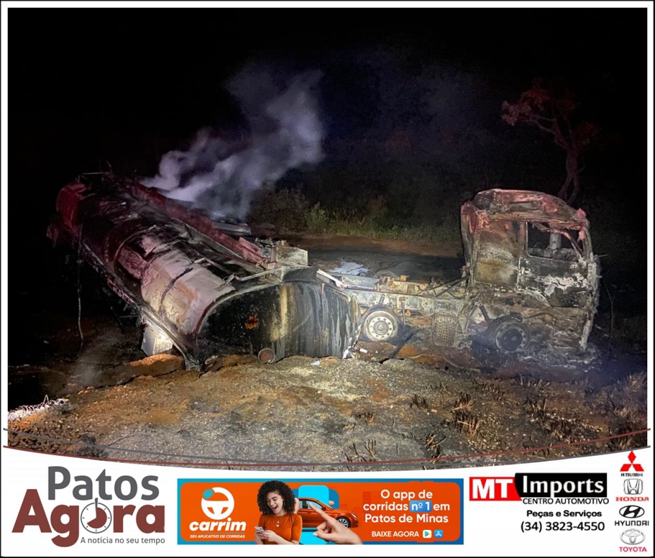 Carreta de combustível pega fogo e mata motorista carbonizado na BR-365