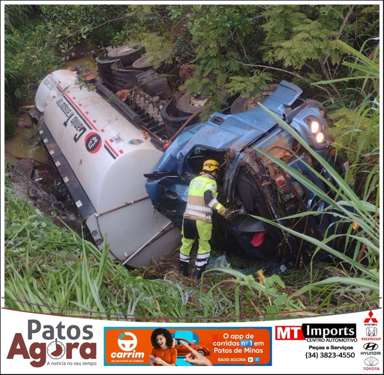 Motorista de 34 anos morre após caminhão de combustível cair em ribanceira