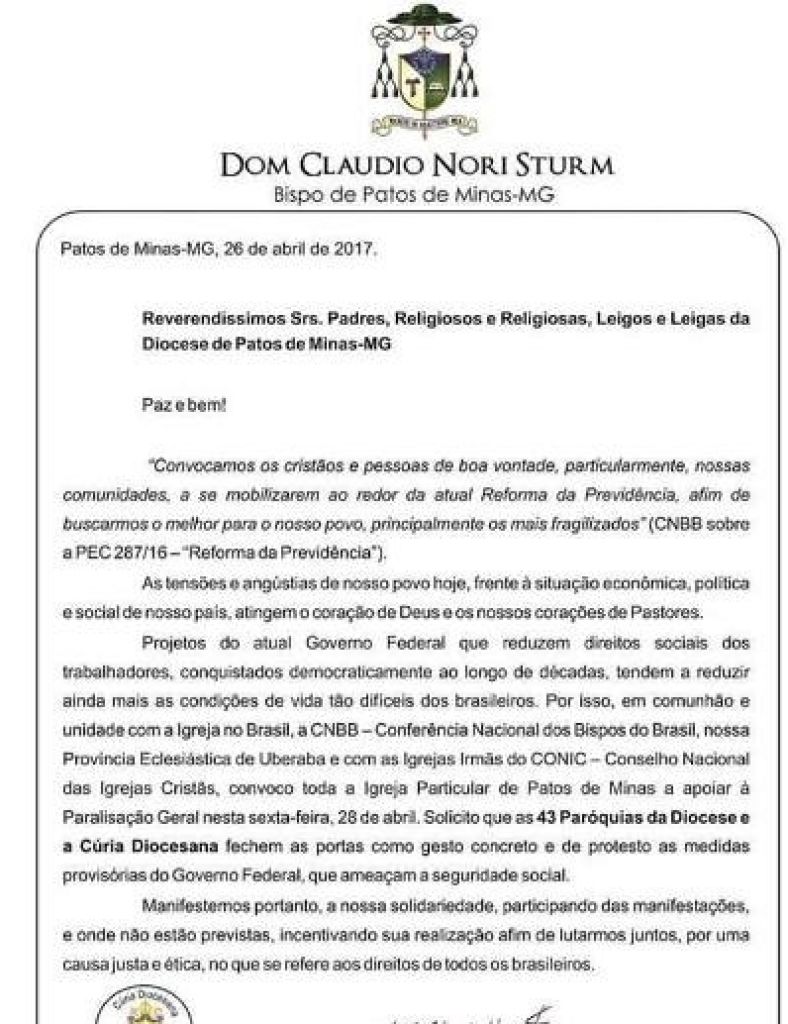 Em nota, Diocese de Patos de Minas diz que apóia greve geral prevista para sexta