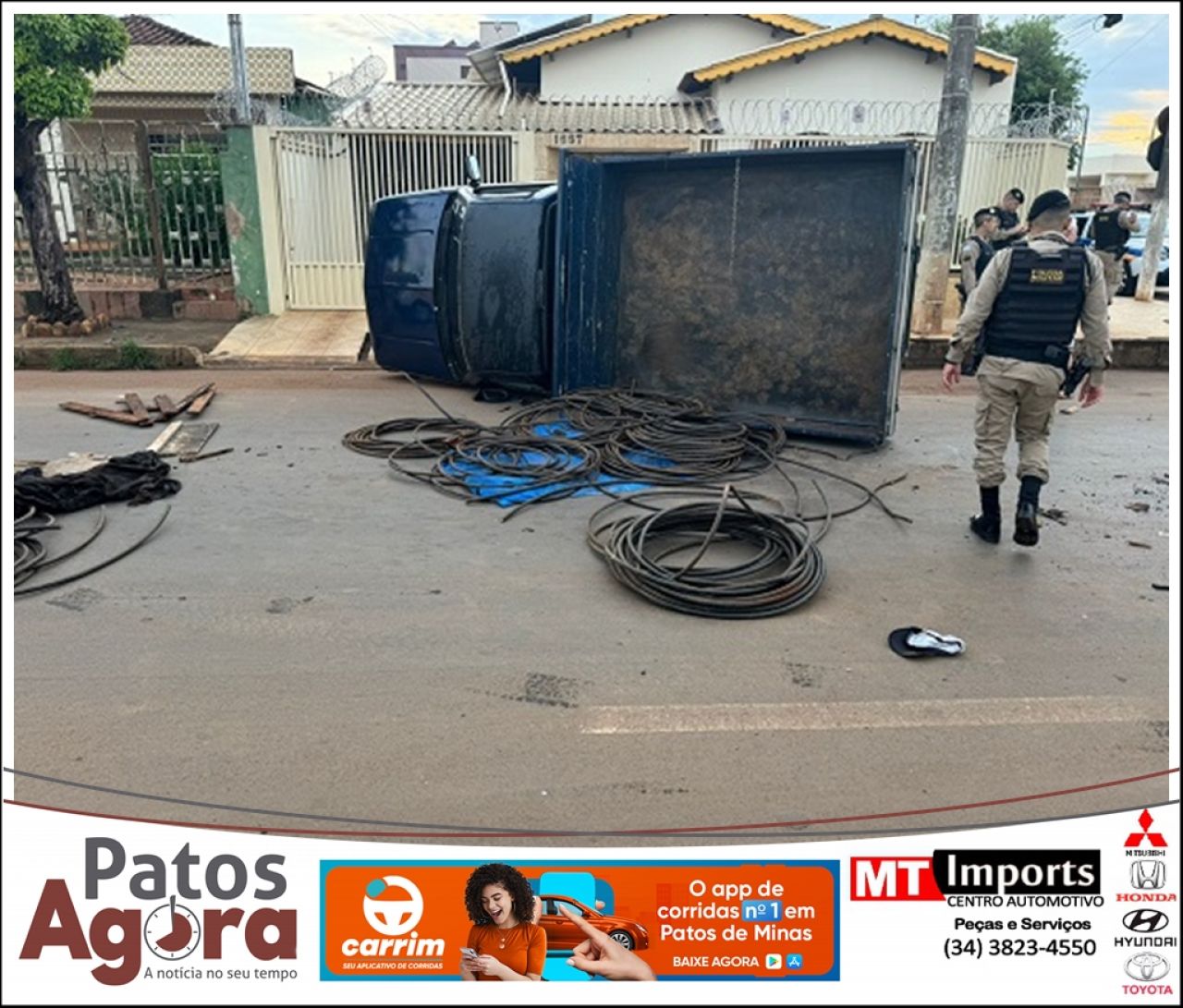 Caminhonete tomba e ocupantes fogem com carga de cabos elétricos em Patos de Minas