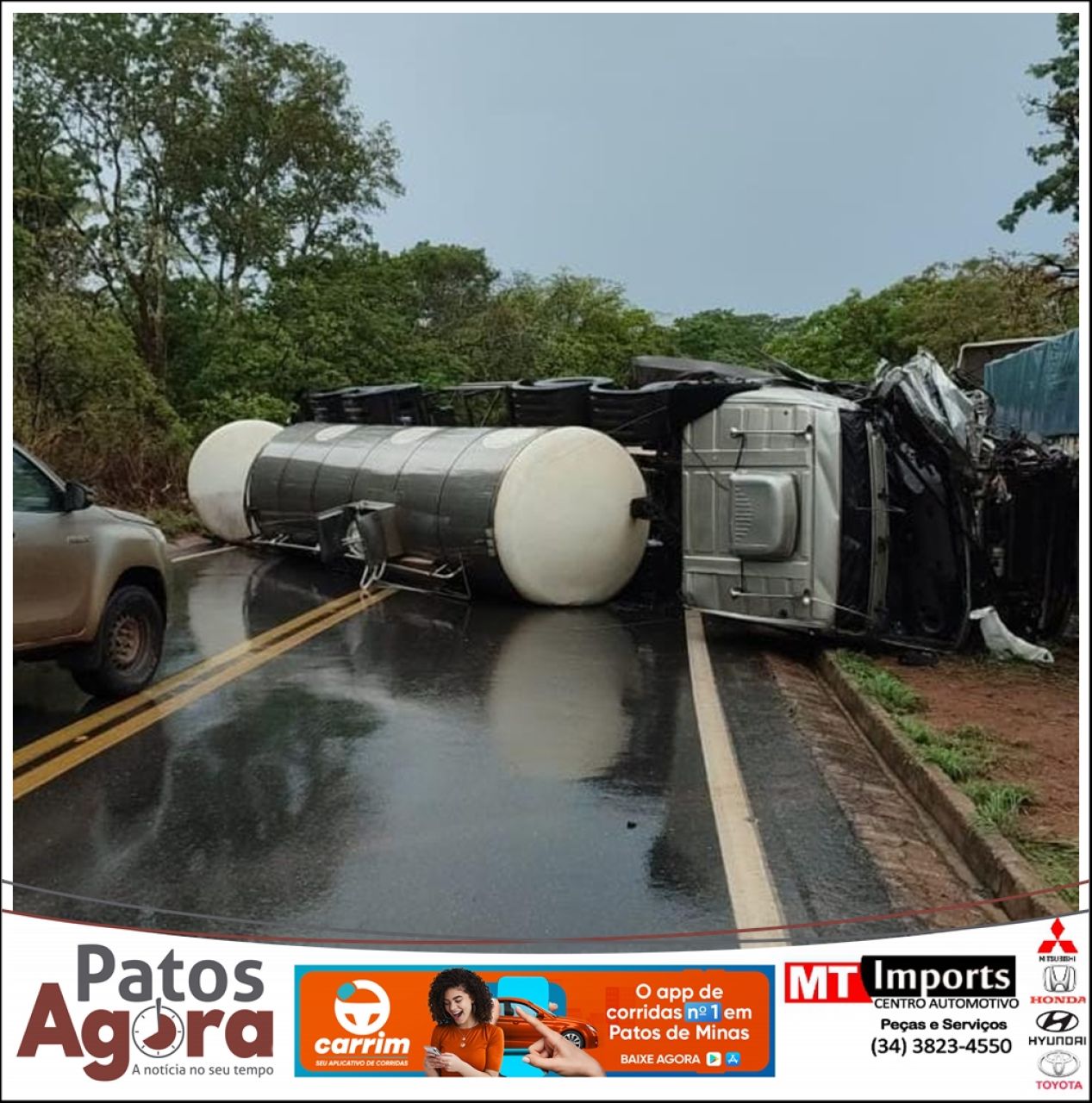 Carreta carregada com leite tomba na MG-410 e deixa motorista ferido