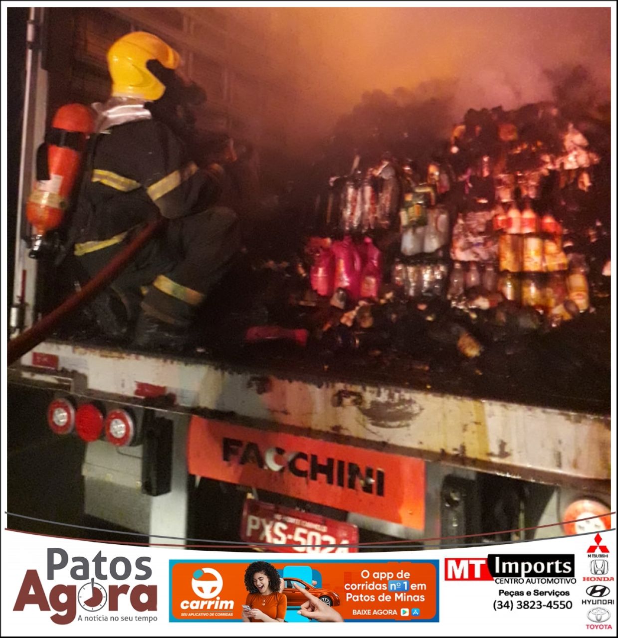 Incêndio em caminhão baú é combatido por bombeiros na BR-365