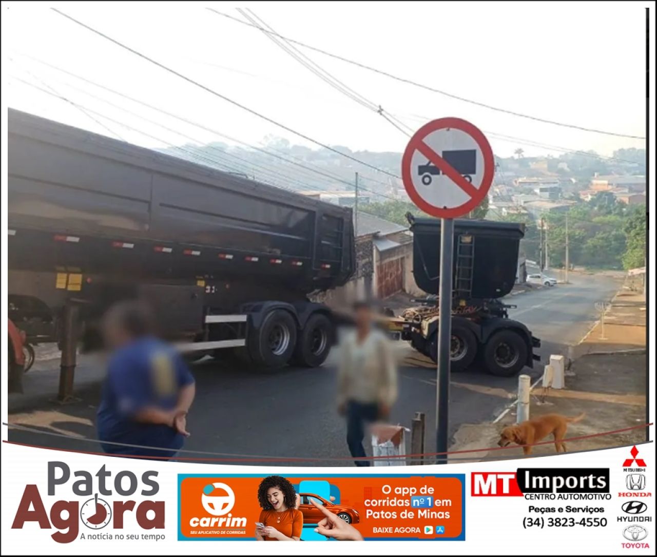 Carreta bitrem perde força e bloqueia rua em Patos de Minas por mais de uma hora