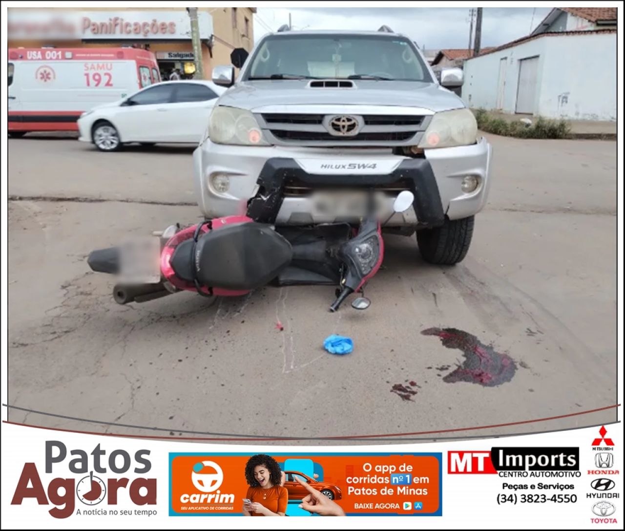 Motociclista fica gravemente ferido em acidente com caminhonete de vereador em Patos de Minas