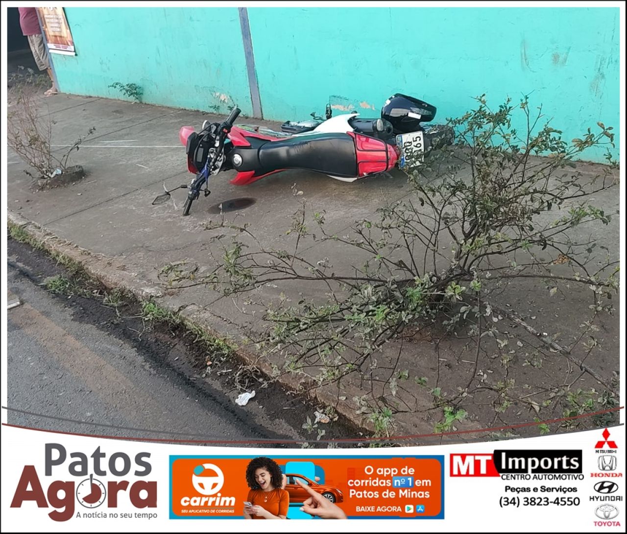 Motociclista de 20 anos fica gravemente ferido em acidente na Rua Major Jerônimo, Centro de Patos de Minas