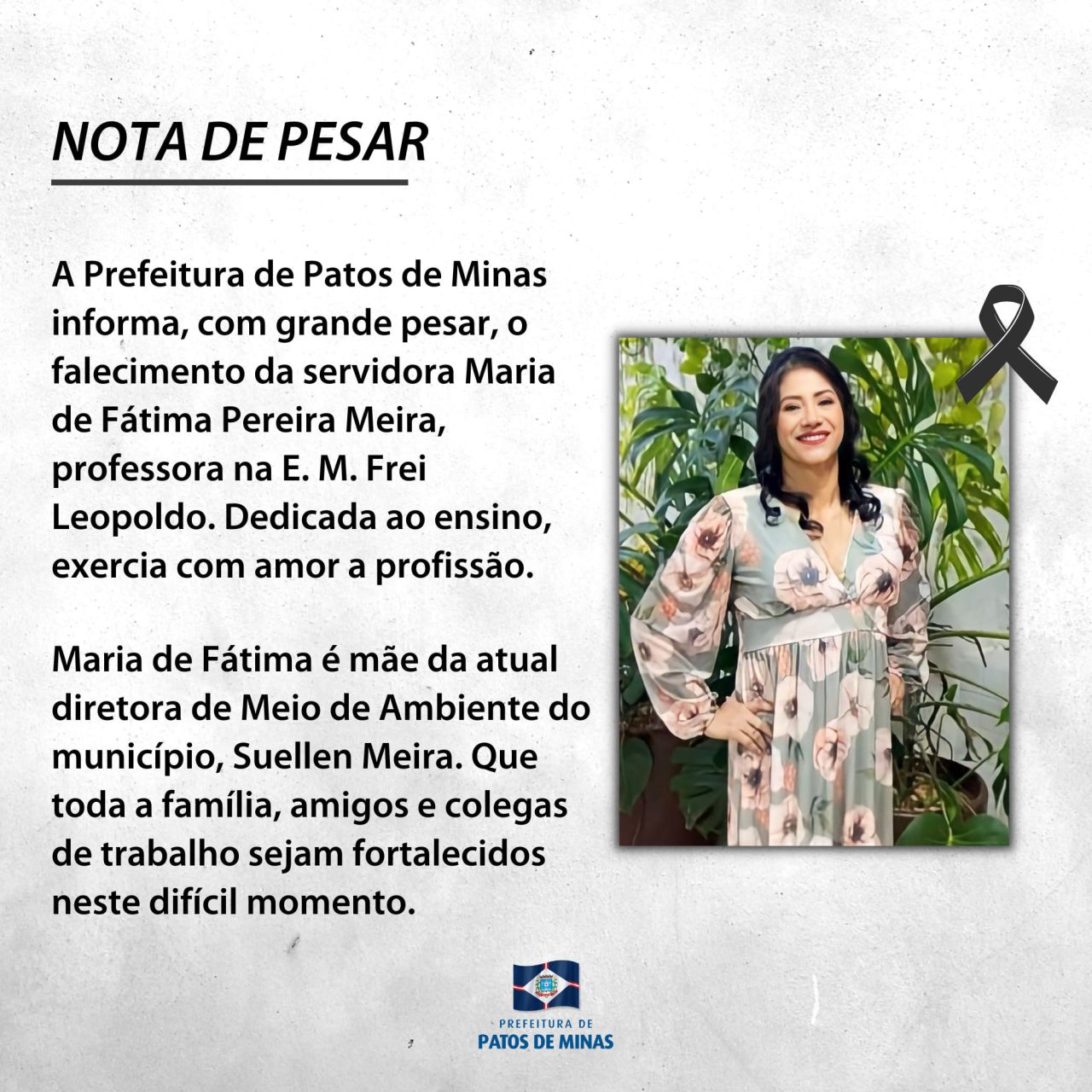 Prefeitura emite nota de pesar pelo falecimento da servidora Maria de Fátima Pereira Meira