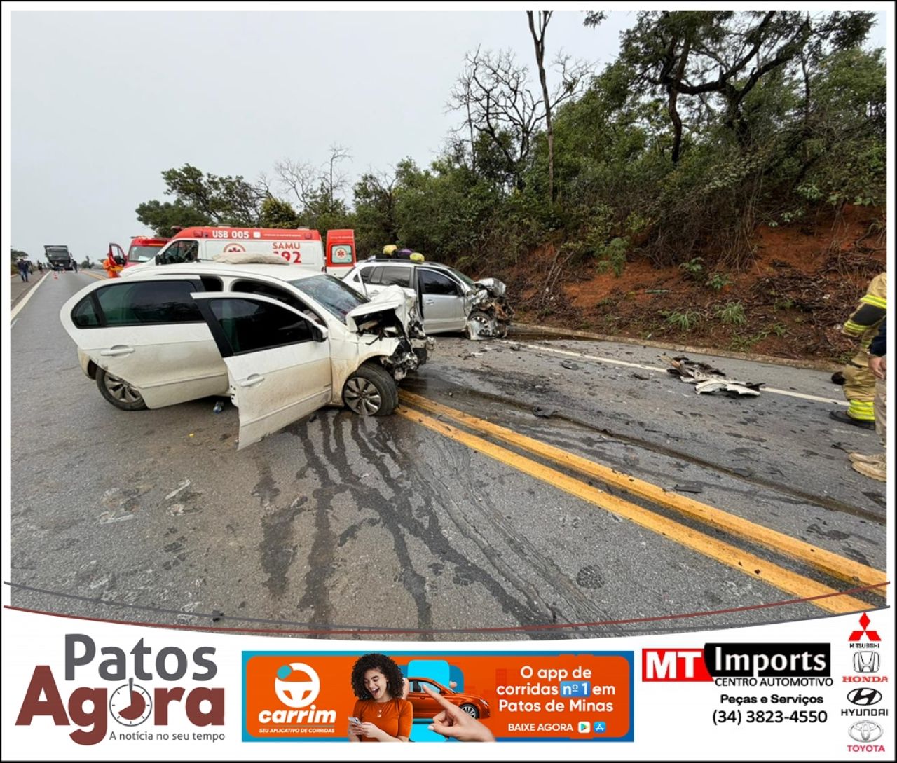 Colisão frontal entre dois carros deixa feridos na rodovia BR-365