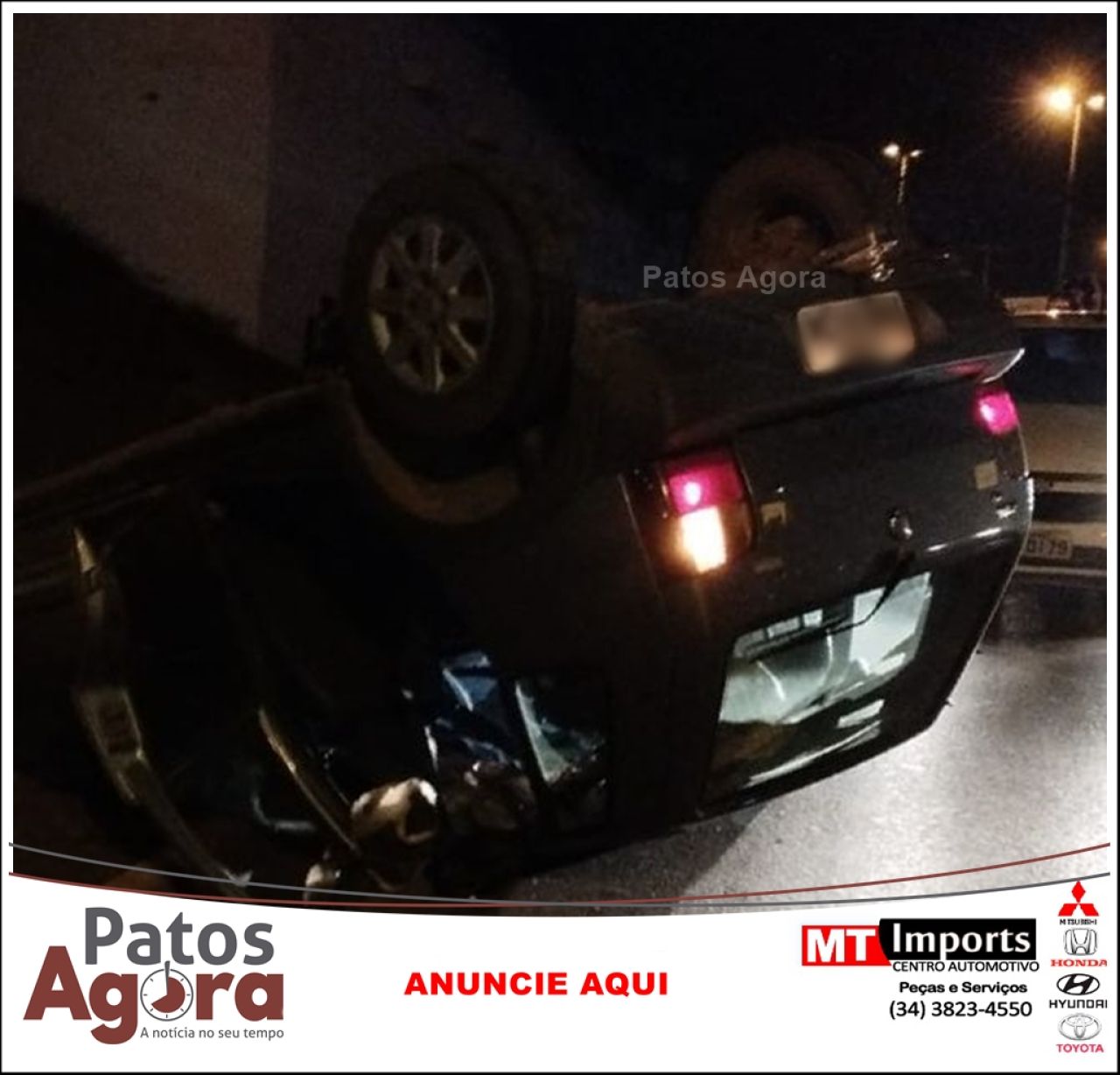Veículo capota em acidente de trânsito na Avenida JK, em Patos de Minas