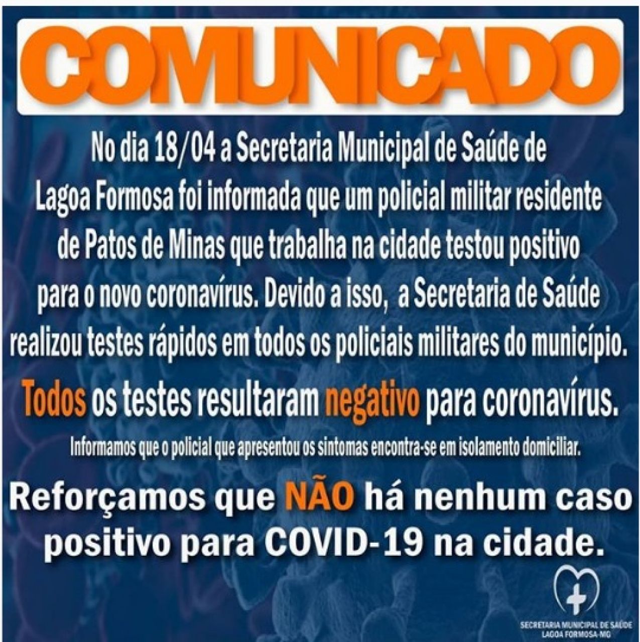PM de Lagoa Formosa passa por exames de Covid-19 após militar de Patos de Minas que trabalha na cidade testar positivo