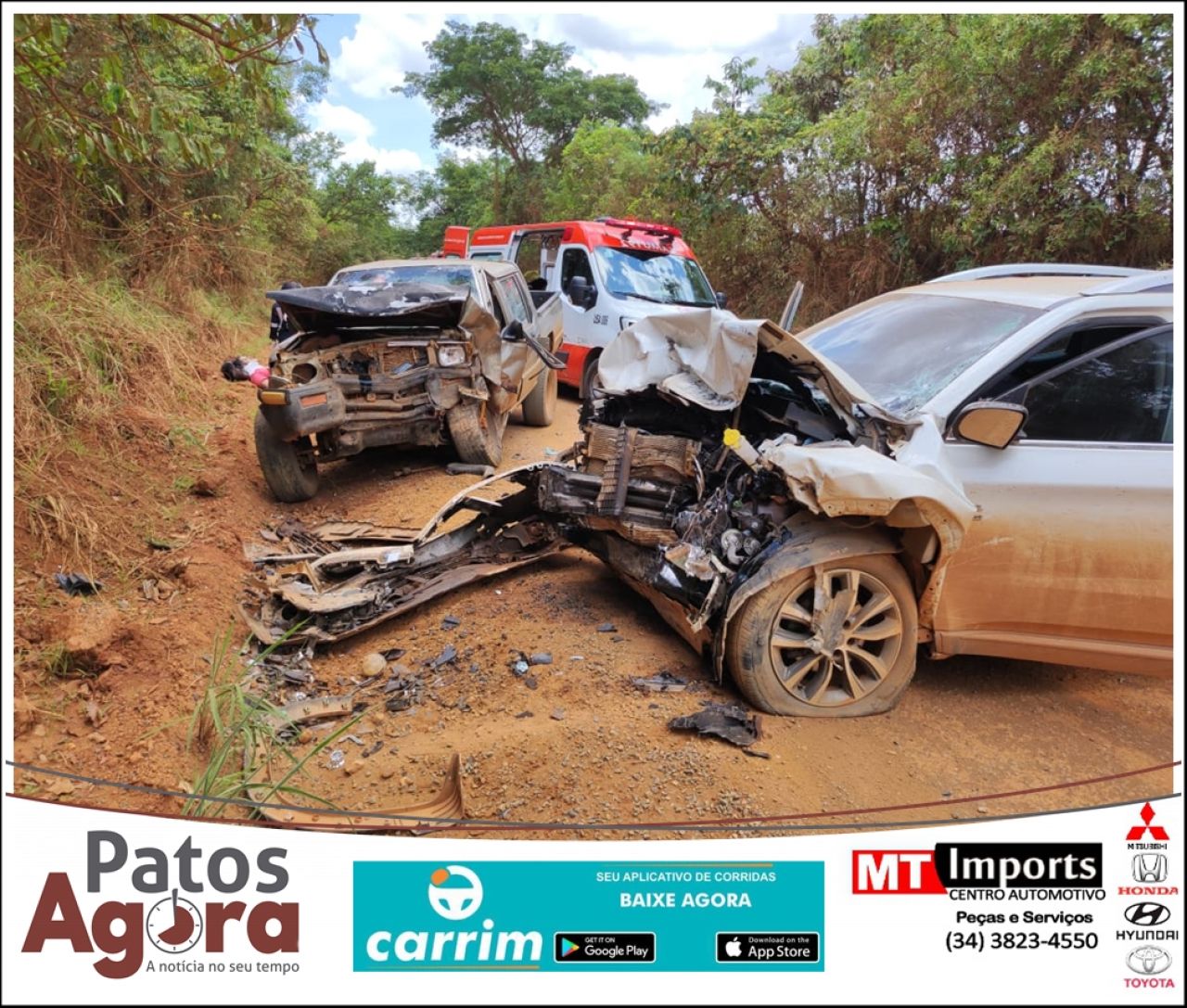 Colisão frontal na zona rural de Patos de Minas deixa duas pessoas feridas