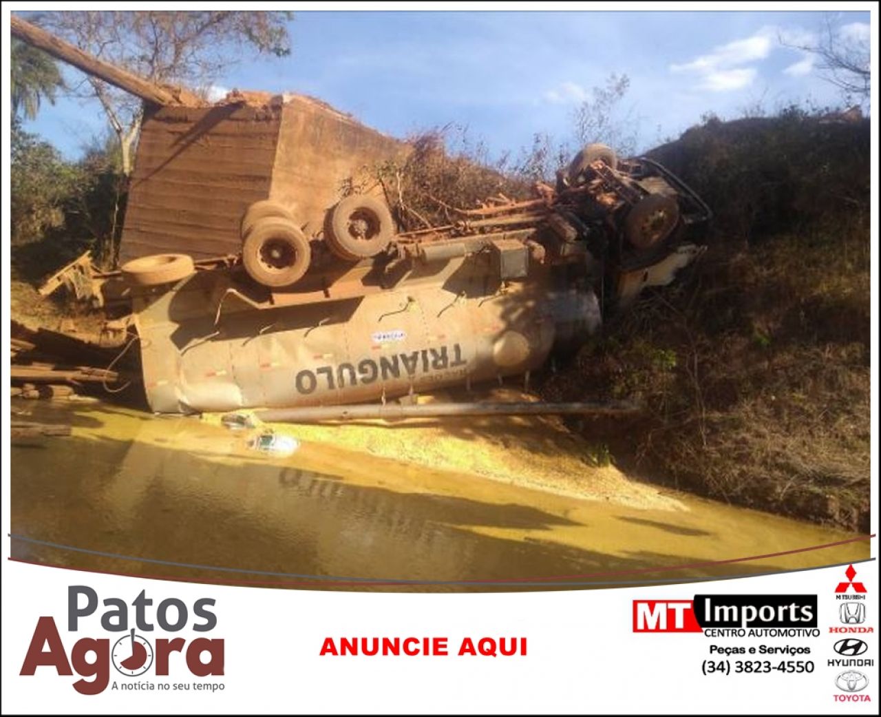 Ponte desaba com caminhão na zona rural de Patos de Minas