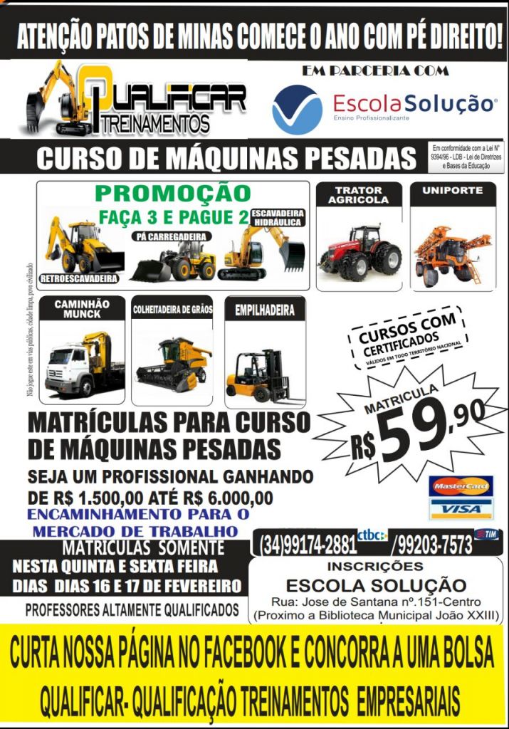 Atenção Patos de Minas: Curso de máquinas pesadas e máquinas agrícola.