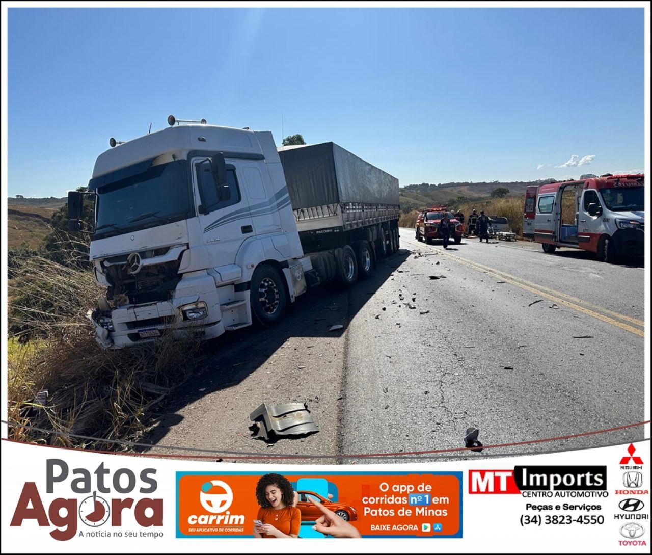 Acidente entre carro e carreta deixa um morto e dois feridos na BR-365