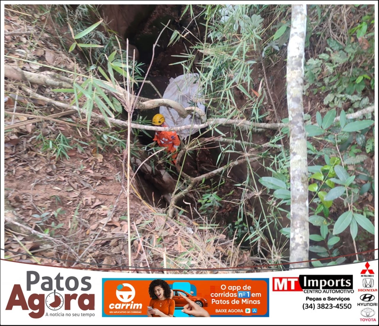 Corpo de Bombeiros resgata bezerro preso em grota de 12 metros de profundidade na zona rural de Tiros