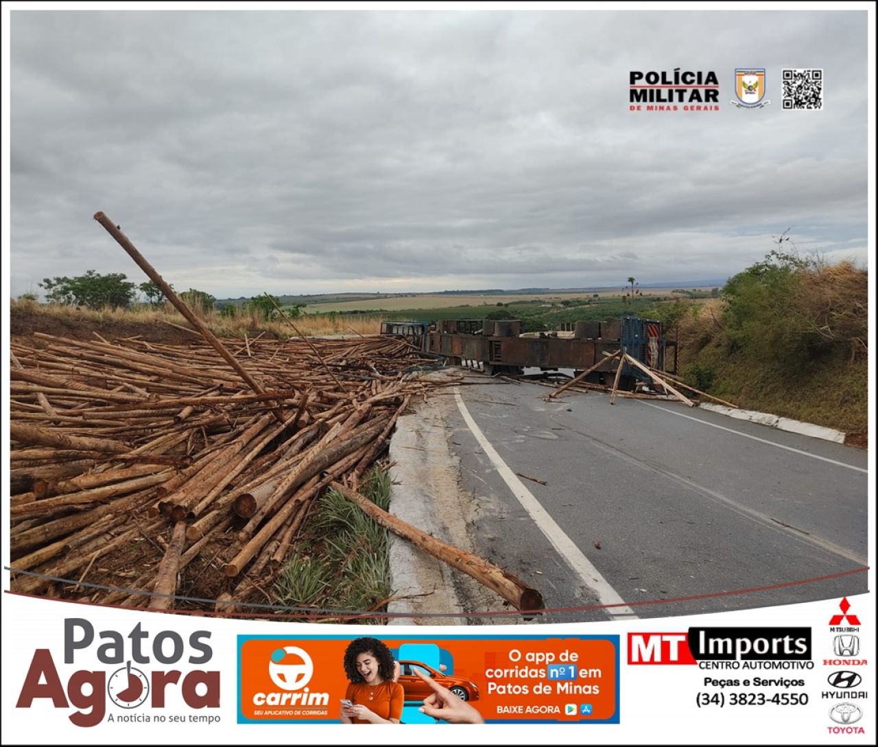 Carreta carregada com eucaliptos tomba na Serra da Catiara, na BR-146