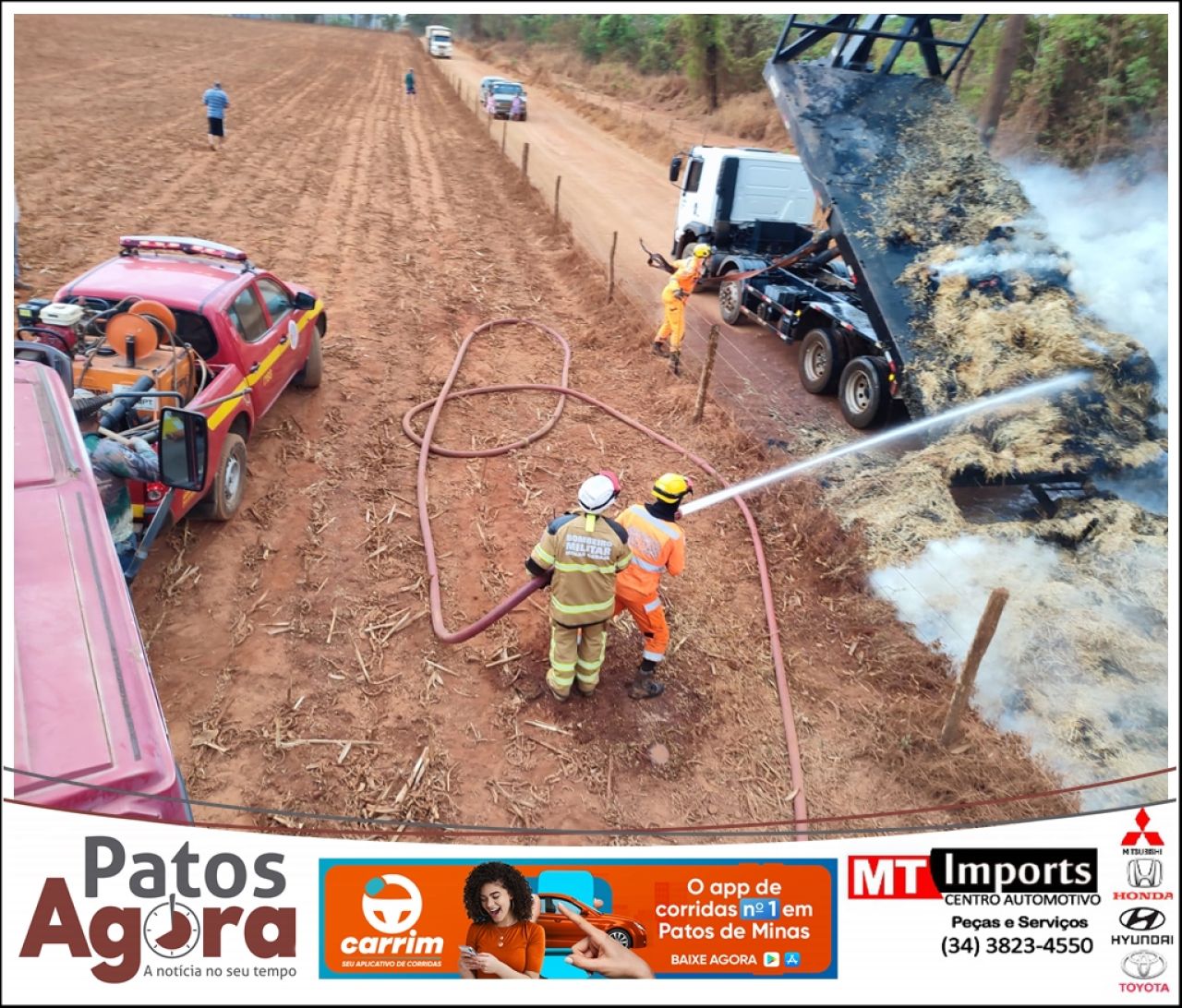 Carga de caminhão pega fogo ao passar próximo de queimada na zona rural de Patos de Minas